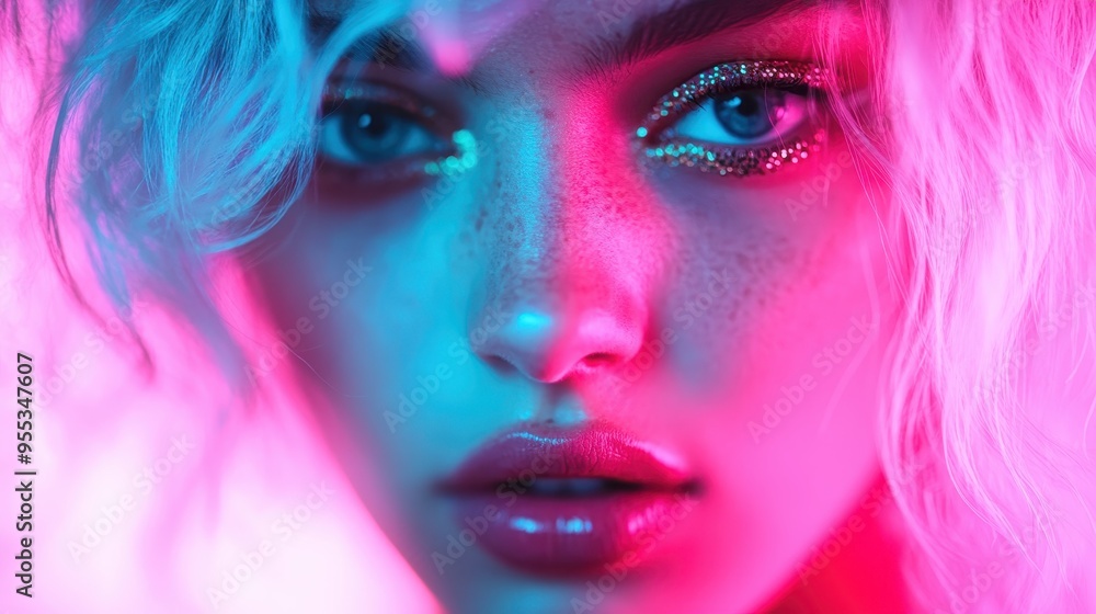 A close-up shot of a woman with piercing blue eyes and glittery gold eyeshadow, bathed in a soft pink light that accentuates her ethereal beauty, capturing a mystical ambiance. A close-up shot of a woman with piercing blue eyes and glittery gold eyeshadow, bathed in a soft pink light that accentuates her ethereal beauty, capturing a mystical ambiance.