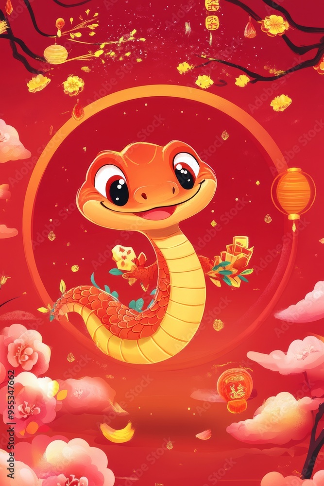 2025 Year of the Snake New Year's card template with Japanese pattern and Snake. postcard, design 2025 Year of the Snake New Year's card template with Japanese pattern and Snake. postcard, design