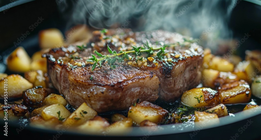 Juicy meat sizzling with potatoes and herbs in a pan on a warm stove Juicy meat sizzling with potatoes and herbs in a pan on a warm stove