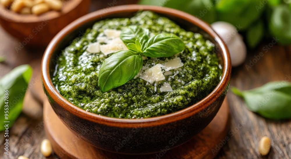 Fresh basil pesto served in a bowl with pine nuts and garlic on a wooden table Fresh basil pesto served in a bowl with pine nuts and garlic on a wooden table