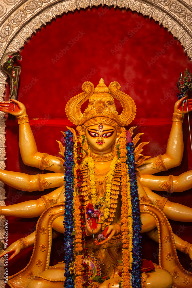 Fototapeta premium Subho mahalaya, An idol of Goddess Durga decorated in Pandal. Durga Puja is biggest religious festival of Hinduism and for bengalis and is now celebrated worldwide.