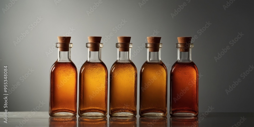 A row of four glass bottles with amber colored liquid inside. A row of four glass bottles with amber colored liquid inside.