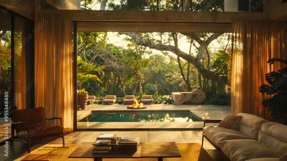 Fototapeta premium Minimalist living room design overlooking the rainforest, pool and fire pit. Living room with panoramic sliding door. Interior concept.