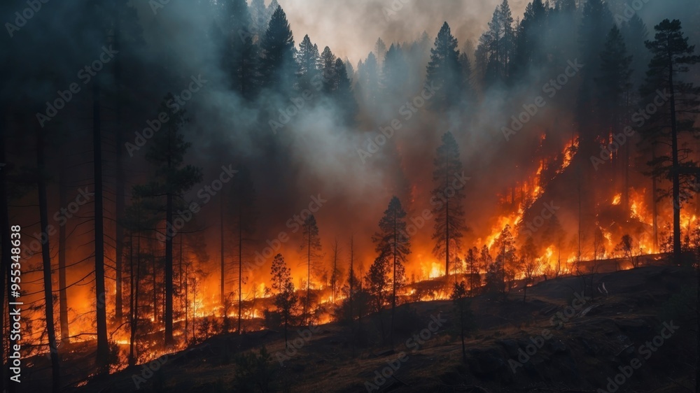 Overhead view of a severe forest fire capturing the dramatic scope. Overhead view of a severe forest fire capturing the dramatic scope.
