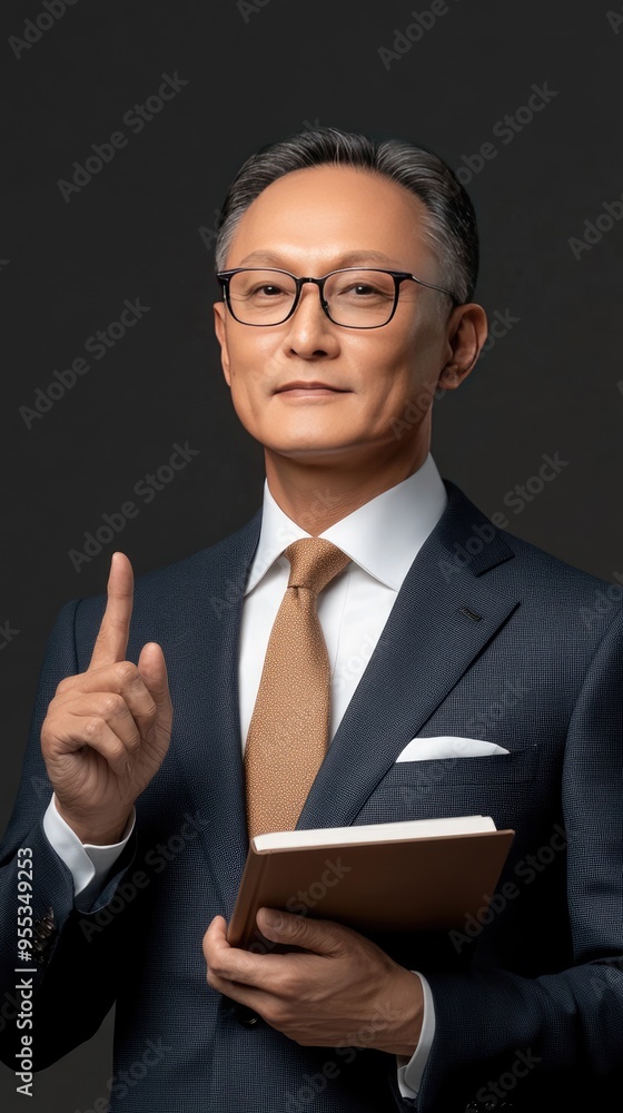 A businessman in a suit presents a black book, gesturing towards it as he conveys a business idea. The dark background enhances the focus on the presentation, allowing for text placement A businessman in a suit presents a black book, gesturing towards it as he conveys a business idea. The dark background enhances the focus on the presentation, allowing for text placement