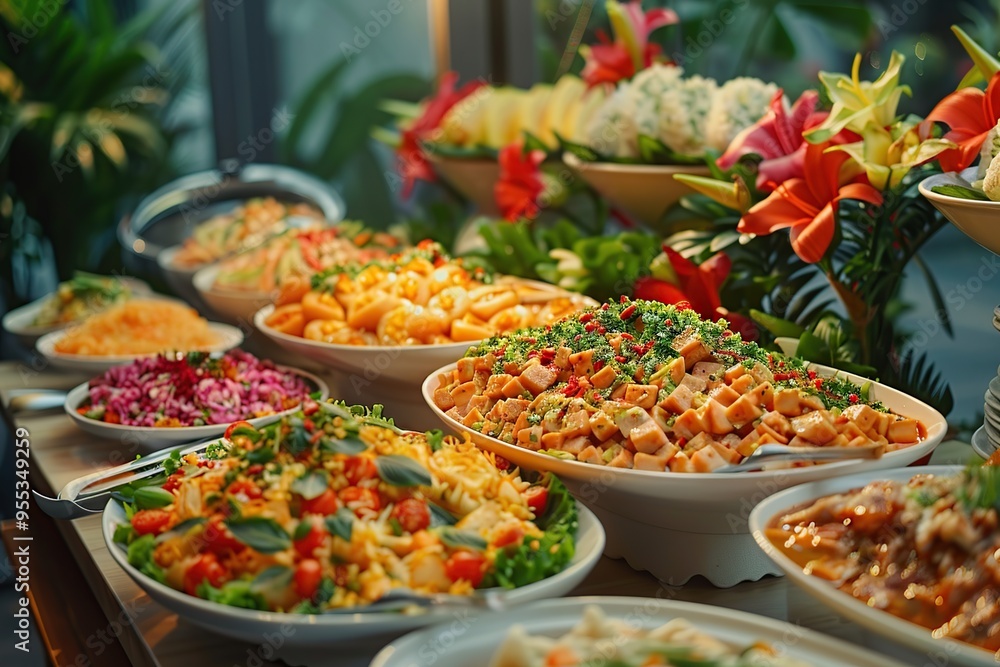 Delicious Buffet Spread with Fresh Salads and Dishes Delicious Buffet Spread with Fresh Salads and Dishes