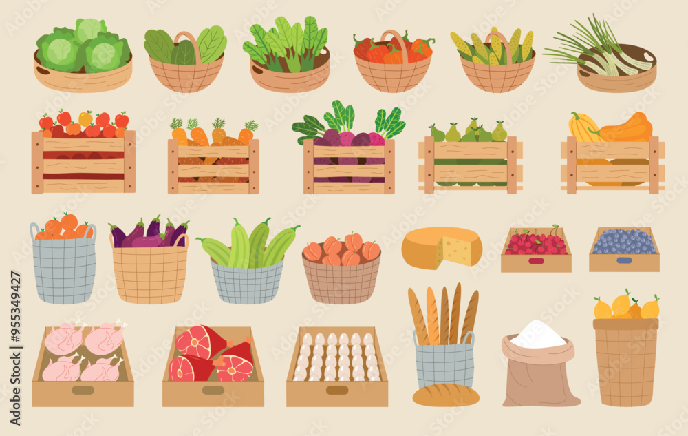 Farm products. Eco natural healthy food planting on farm fruits vegetables milk meat recent vector products in basket Farm products. Eco natural healthy food planting on farm fruits vegetables milk meat recent vector products in basket