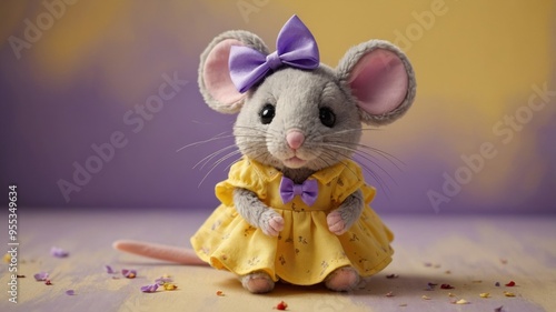 Plush toy mouse in a dress and a lilac bow on a yellow background. photo