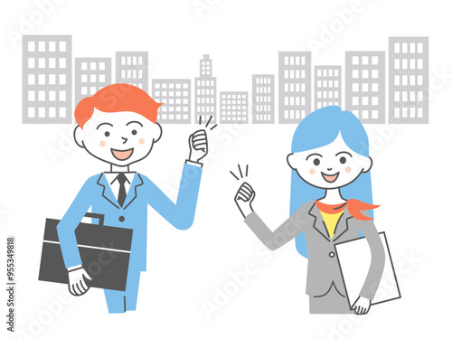 イラスト素材：ビジネス街でイキイキとガッツポーズをするビジネスマンとビジネスウーマン