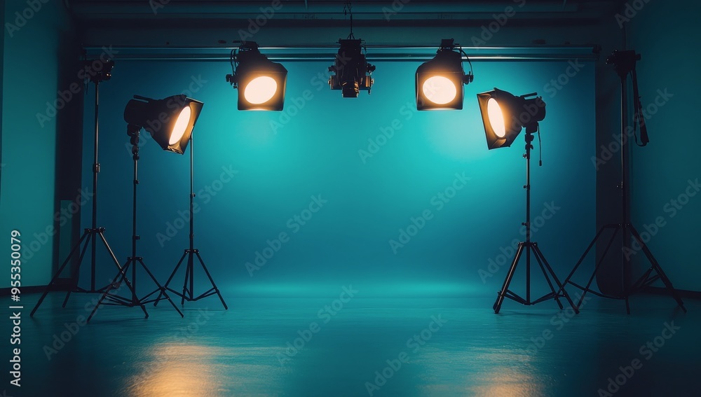Modern studio setup with bright lighting and turquoise backdrop ready for a creative project Modern studio setup with bright lighting and turquoise backdrop ready for a creative project