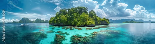 Stunning tropical islands with lush greenery and clear turquoise waters, set against a bright sky