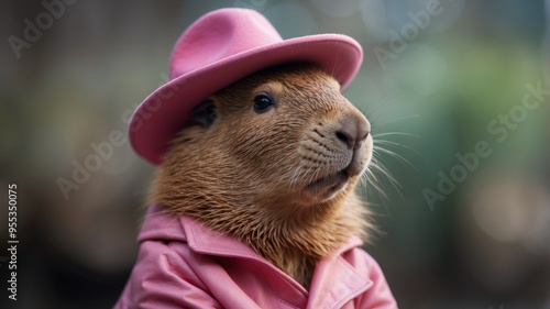 A capybara wearing a pink hat as well as jacket. photo