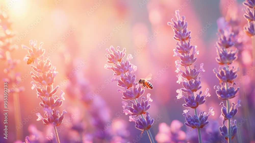 Obraz premium Serene Sunlit Lavender Field with Bees Collecting Nectar in Soft Pastel Tones
