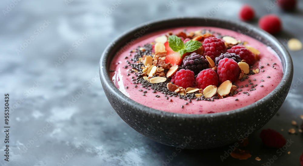 Berry Smoothie Bowl with Chia Seeds, Almonds, and Fresh Berries
Berry Smoothie Bowl with Chia Seeds, Almonds, and Fresh Berries
