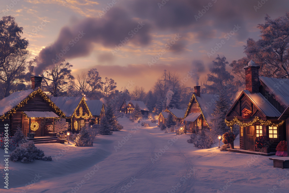 3D rendered illustration of a snowy village, decorated for christmas, snowfall, Christmas concept 3D rendered illustration of a snowy village, decorated for christmas, snowfall, Christmas concept