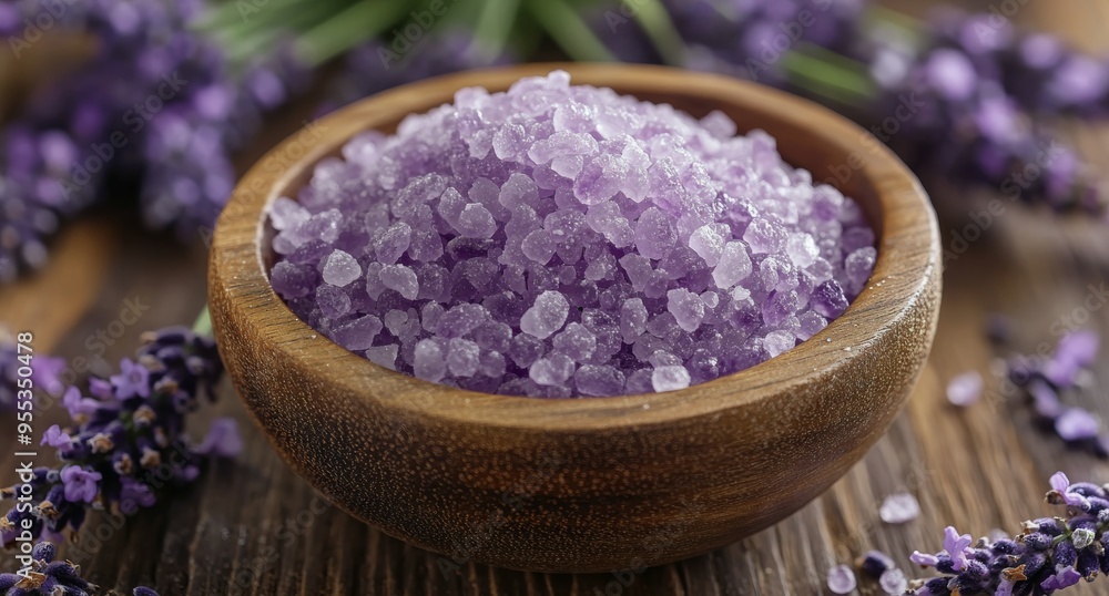 Lavender-infused pink sea salt in a wooden bowl surrounded by fresh lavender flowers Lavender-infused pink sea salt in a wooden bowl surrounded by fresh lavender flowers