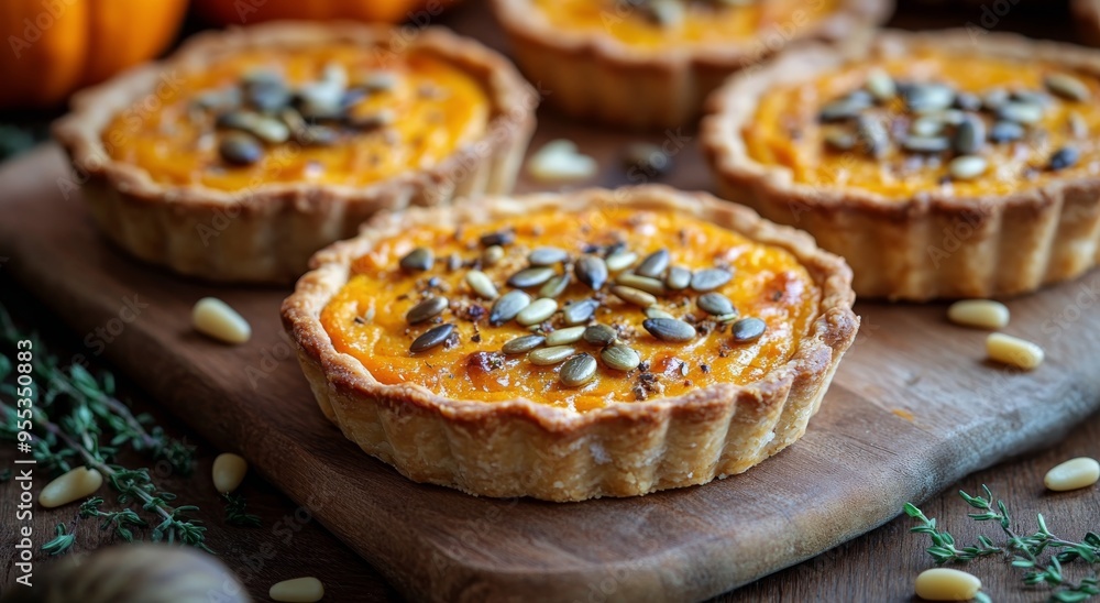 Delicious homemade pumpkin tarts with seeds on a wooden board in autumn setting Delicious homemade pumpkin tarts with seeds on a wooden board in autumn setting