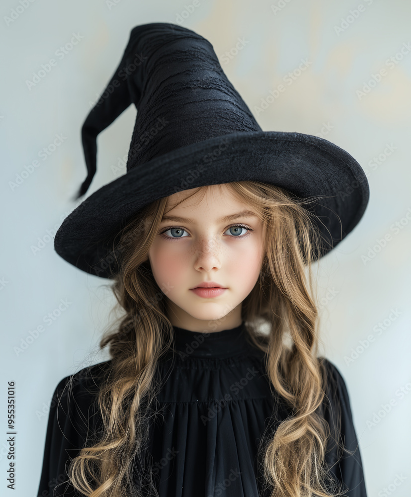 Elegant Halloween Girl in Black Witch Hat with Long Blonde Hair
Elegant Halloween Girl in Black Witch Hat with Long Blonde Hair