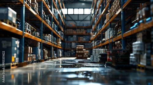 Vast industrial warehouse with shelves full of items