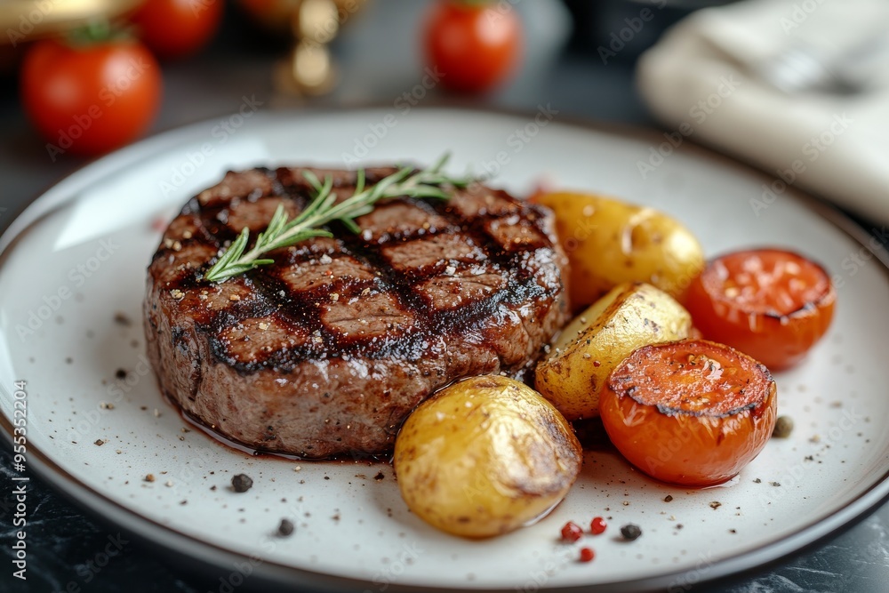 Grilled beef steak with potatoes and tomatoes on a plate in a luxurious restaurant with a luxurious bistro interior. Grilled beef steak with potatoes and tomatoes on a plate in a luxurious restaurant with a luxurious bistro interior.