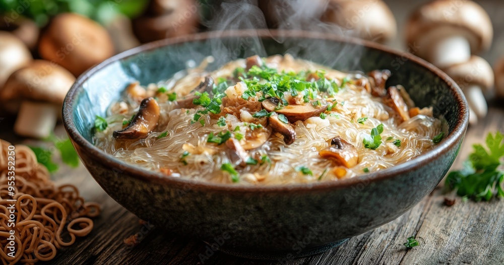 Delicious steaming bowl of noodle soup with mushrooms and fresh herbs in a rustic kitchen setting Delicious steaming bowl of noodle soup with mushrooms and fresh herbs in a rustic kitchen setting