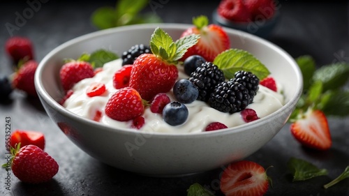 Bowl of Yogurt Topped with Fresh Berries and Mint Leaves.