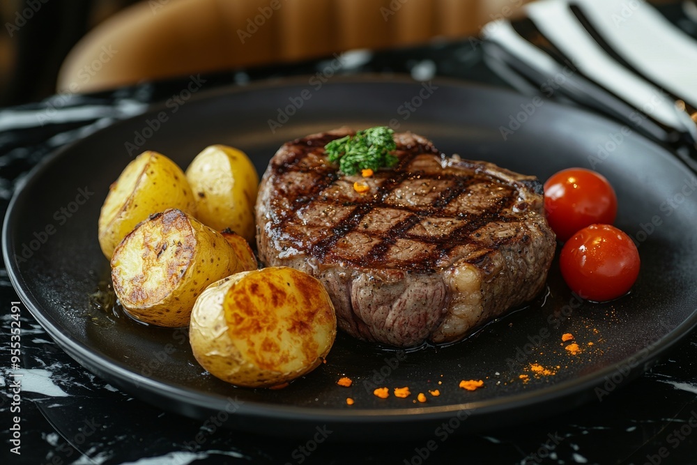 Grilled beef steak with potatoes and tomatoes on a plate in a luxurious restaurant with a luxurious bistro interior. Grilled beef steak with potatoes and tomatoes on a plate in a luxurious restaurant with a luxurious bistro interior.