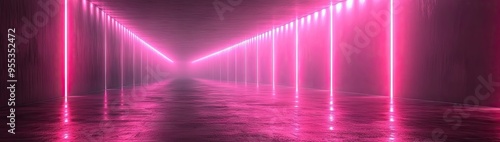 Dark background with lines and spotlights, neon light, and night view. Abstract pink background.