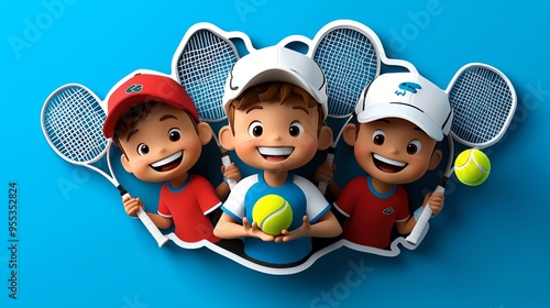 Three cheerful kids with tennis rackets and a ball, ready to play on a vibrant blue background. Perfect for sports and children's themes.