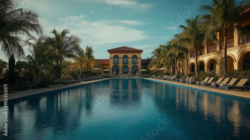 Luxurious hotel with palm trees and swimming pool reflecting the sky