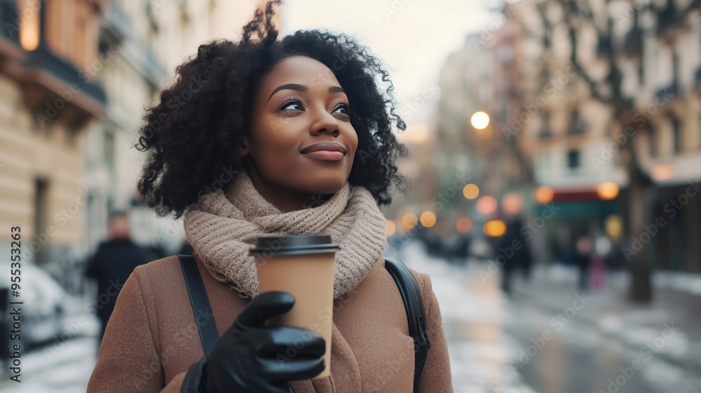 Fototapeta premium A woman enjoys a warm drink while strolling through a snow-covered city street on a chilly winter afternoon