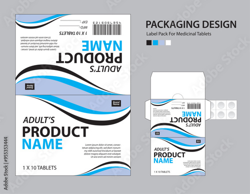 Label pack for medicinal tablets, label medicine paper design, medicine packaging design, healthcare product design. product label, realistic mock-up. wave background concept. vector illustration