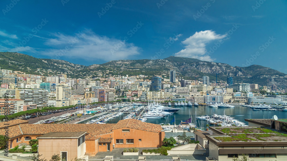 Monte Carlo city aerial panorama timelapse hyperlapse. Port Hercule from top. Monte Carlo city aerial panorama timelapse hyperlapse. Port Hercule from top.