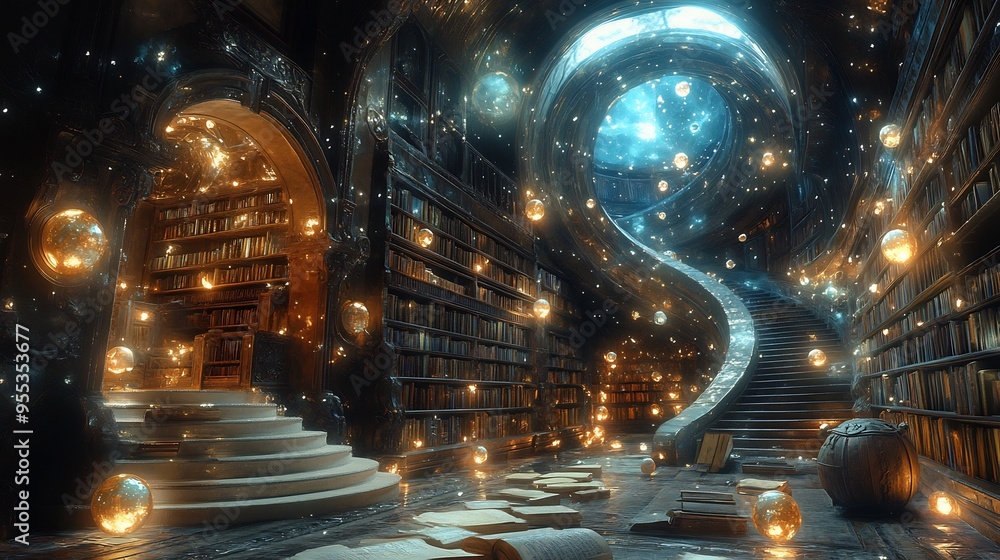 Magical library filled floating books ancient scrolls glowing orbs and a spiral staircase leading to a hidden chamber Magical library filled floating books ancient scrolls glowing orbs and a spiral staircase leading to a hidden chamber