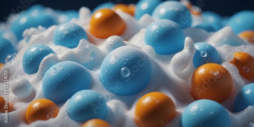 Soapy foam with bubbles on blue background. photo