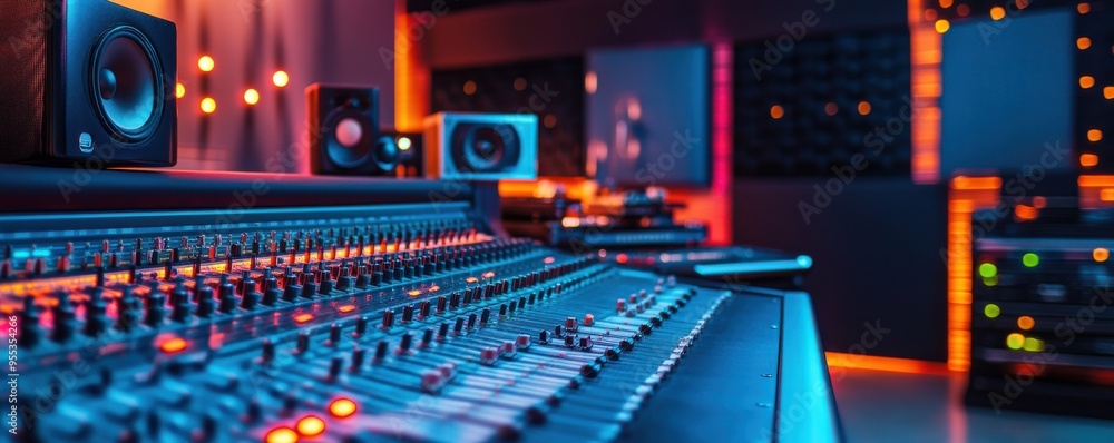 Vibrant music studio with a mixing console, glowing lights, and professional equipment, ideal for sound production and recording. Vibrant music studio with a mixing console, glowing lights, and professional equipment, ideal for sound production and recording.