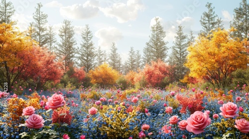 Fantasy landscape featuring a wide panoramic view of an autumnal pine forest, vibrant summer roses, and bluebell campanulas, evoking a magical, serene atmosphere. photo