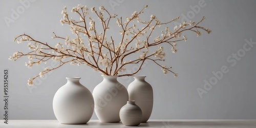 Minimalist White Vases with Delicate Branches in Sunlight.