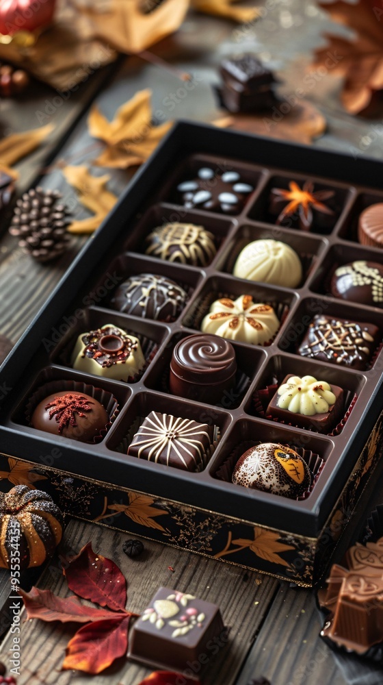handmade chocolates gift box on autumn background handmade chocolates gift box on autumn background