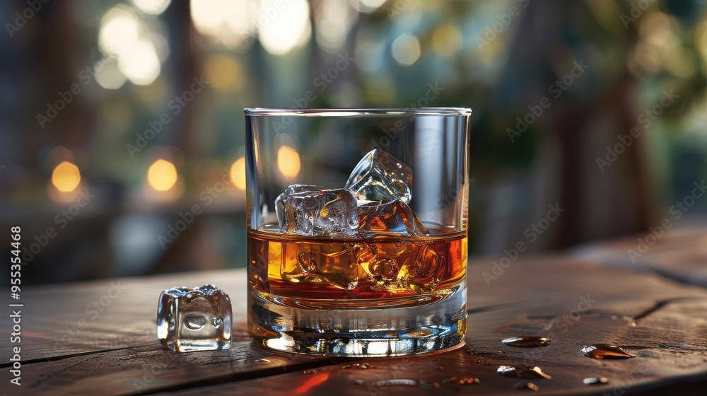 Scotch Whiskey on Rustic Table, A glass filled with amber scotch whiskey and ice cubes sits on a weathered wooden table, blurred background Scotch Whiskey on Rustic Table, A glass filled with amber scotch whiskey and ice cubes sits on a weathered wooden table, blurred background