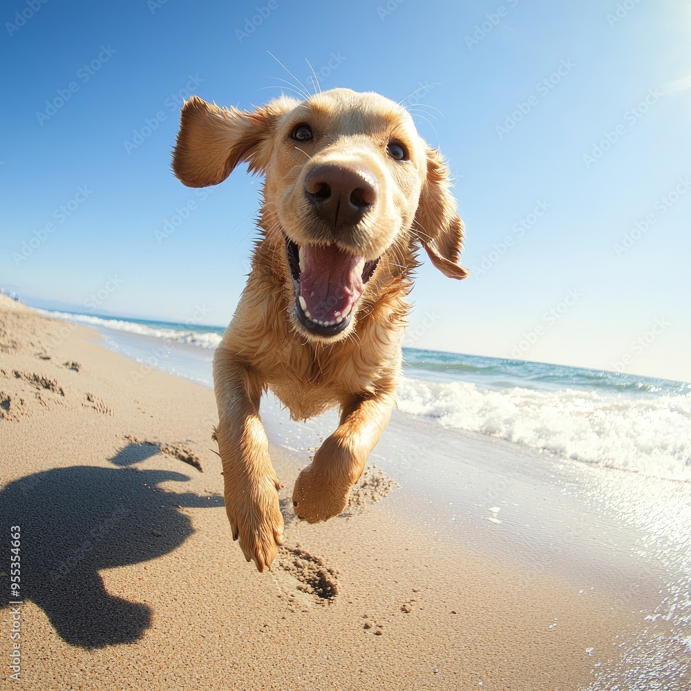 A happy golden retriever running joyfully on the beach with waves crashing in the background under a bright blue sky. A happy golden retriever running joyfully on the beach with waves crashing in the background under a bright blue sky.