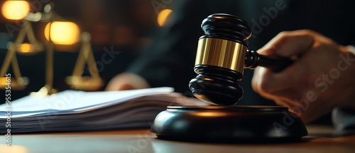 Judge's gavel hitting sounding block in courtroom with scales of justice in background, signifying legal decisions and courtroom activities.