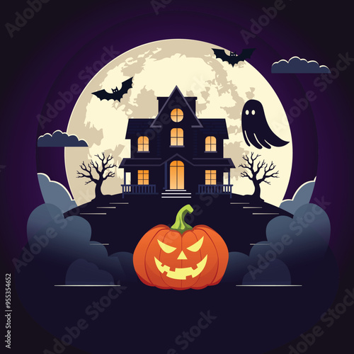 Spooky Halloween Vector Illustration with Pumpkin and Scary Background