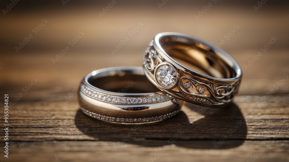 Wedding Bands on a Wooden Surface with Shadows. Wedding Bands on a Wooden Surface with Shadows.