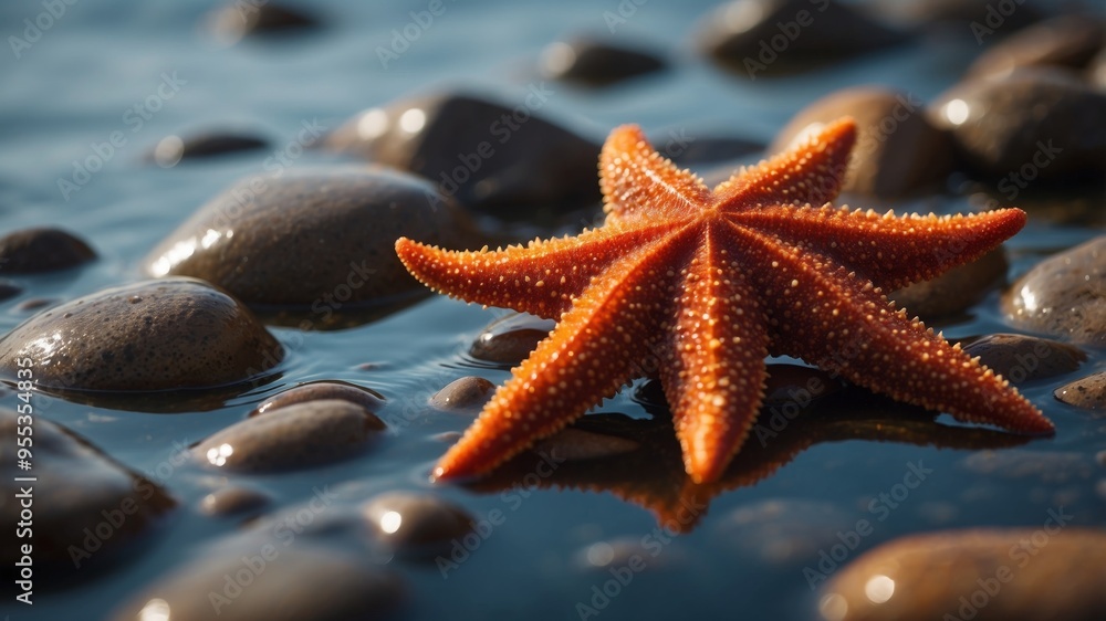 Orange starfish on wet rocks in shallow tidal pool. Orange starfish on wet rocks in shallow tidal pool.
