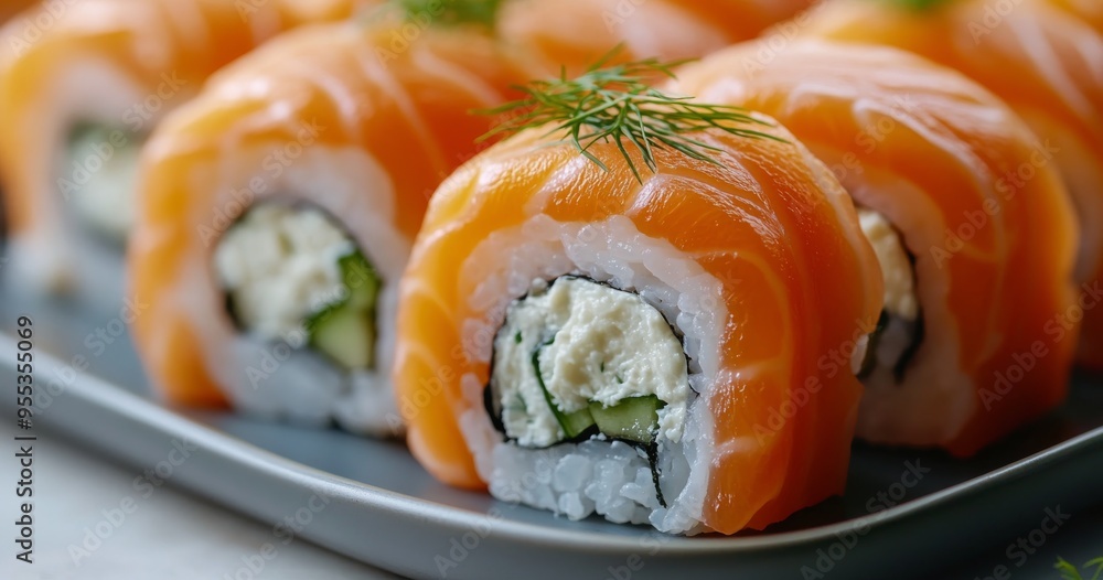 Fresh sushi rolls with cream cheese and salmon garnished with herbs on a plate Fresh sushi rolls with cream cheese and salmon garnished with herbs on a plate