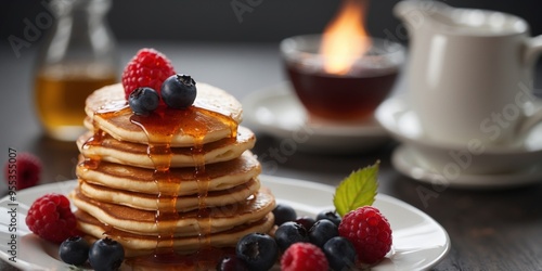 stack of pancakes with berries and syrup. photo