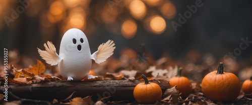 Simple Halloween concept with flying eggshell as ghost character. photo