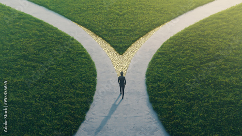 A person walking on a road that splits into two paths one paved with gold and the other leading to an open field, symbolizing life choices, 3D render, deep shadows