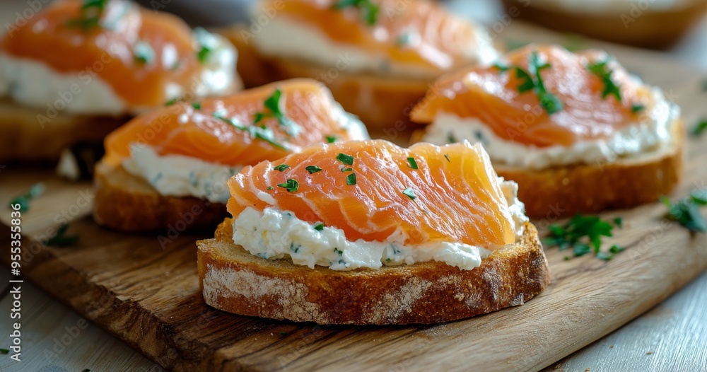 Delicious open-faced sandwiches with fresh salmon and creamy spread on rustic bread